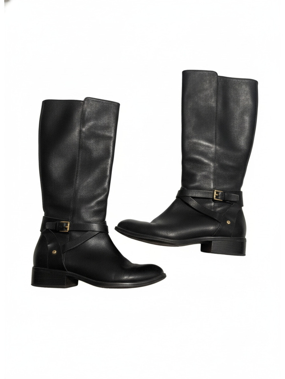 Ralph Lauren Mariah Leather Riding Boots Black Size 7B Mid-Calf Strap Detail